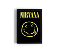 A5 Framed Wall Art - Nirvana rock band - Street Art Smiley Emoji - Black & Yellow - (frame 21 x 16 cms)