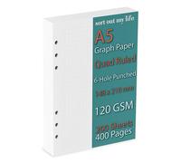 A5 Graph Paper Refill, 6-Hole Punched, Quad Ruled, 120GSM, 200 Sheets (400 Pages), 5.83 x 8.27 inches, 1/4 Inch Squares for 6-Ring Planner Binders