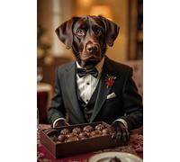 A5 Greeting Card | Chocolate Labrador in Tuxedo with Box of Chocolates | Blank Inside | Eco-Friendly, UK Made | Ideal for Dog Lovers, Valentine's, Birthdays & More