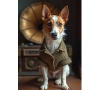 A5 Greeting Card | Jack Russell Dog with Gramophone | Blank Inside | UK Made, Eco-Friendly | Ideal for Dog Lovers, Music Fans & Classic Style