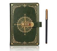 A5 Journal With Lock, Vintage Leather Compass Diary, 200 Pages Lined Paper Notebook With Pen, Secret Diary With Combination Password, Locked Journal for Men Women, Study, Travel Writing (Green)