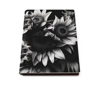 A5 Leather Notebook Refillable - PU Leather Binder Journal A5 Loose Leaf Notebook 6 Ring & 90 Pages Lined Paper, Black And White Sunflowers Planner for Writers, Work, Gift 6.9"x 9"