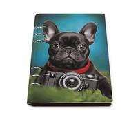 A5 Leather Notebook Refillable - PU Leather Binder Journal A5 Loose Leaf Notebook 6 Ring & 90 Pages Lined Paper, French Bulldog Puppy with Camera Planner for Writers, Work, Gift 6.9"x 9"
