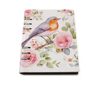 A5 Leather Notebook Refillable - PU Leather Binder Journal A5 Loose Leaf Notebook 6 Ring & 90 Pages Lined Paper, Floral Print Watercolor Robin Bird Planner for Writers, Work, Gift 6.9"x 9"