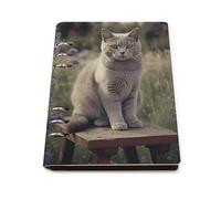 A5 Leather Notebook Refillable - PU Leather Binder Journal A5 Loose Leaf Notebook 6 Ring & 90 Pages Lined Paper, Gray Cat in Flower Field Planner for Writers, Work, Gift 6.9"x 9"