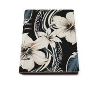 A5 Leather Notebook Refillable - PU Leather Binder Journal A5 Loose Leaf Notebook 6 Ring & 90 Pages Lined Paper, Black And White Hawaiian Flowers Planner for Writers, Work, Gift 6.9"x 9"