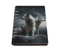 A5 Leather Notebook Refillable - PU Leather Binder Journal A5 Loose Leaf Notebook 6 Ring & 90 Pages Lined Paper, Wolf at Night Planner for Writers, Work, Gift 6.9"x 9"
