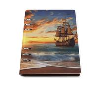 A5 Leather Notebook Refillable - PU Leather Binder Journal A5 Loose Leaf Notebook 6 Ring & 90 Pages Lined Paper, Pirate Ship in The Sunset Planner for Writers, Work, Gift 6.9"x 9"