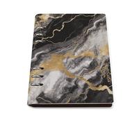 A5 Leather Notebook Refillable - PU Leather Binder Journal A5 Loose Leaf Notebook 6 Ring & 90 Pages Lined Paper, Black White Gold Foil Marble Planner for Writers, Work, Gift 6.9"x 9"
