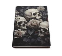 A5 Leather Notebook Refillable - PU Leather Binder Journal A5 Loose Leaf Notebook 6 Ring & 90 Pages Lined Paper, Black And White Flowers And Skull Planner for Writers, Work, Gift 6.9"x 9"