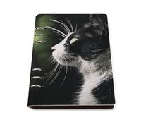 A5 Leather Notebook Refillable - PU Leather Binder Journal A5 Loose Leaf Notebook 6 Ring & 90 Pages Lined Paper, A Black And White Cat Planner for Writers, Work, Gift 6.9"x 9"