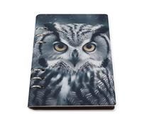 A5 Leather Notebook Refillable - PU Leather Binder Journal A5 Loose Leaf Notebook 6 Ring & 90 Pages Lined Paper, Grey And White Owl Planner for Writers, Work, Gift 6.9"x 9"