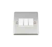 A5 Light Switch - Triple 3 Gang 2 Way - Satin Brushed Chrome - Classic Style White Insert Plastic Rocker Switch