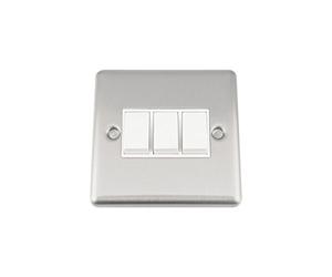A5 Light Switch - Triple 3 Gang 2 Way - Satin Brushed Chrome - Classic Style White Insert Plastic Rocker Switch