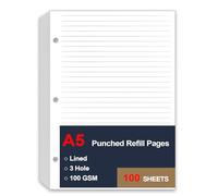 PPCSDQKJGS A5 Lined Paper Refill, 3 Hole Refill Paper, A5 Filler Paper, 100 Sheets/200 Pages Loose Leaf Paper for Filofax Planner Refills, Organizer, Binders, 100gsm Paper, 5.8 x 8.2 Inch, white