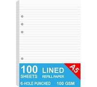 A5 Lined Refills Paper for Filofax Planner/Binders/Organizer, 6 Hole Punched Loose Leaf Paper, 100 Sheets/200 Pages, 100gsm, White, 148 x 210mm