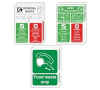 A5 Pack of 6: 2PCS General waste & 2PCS Mixed Recycling & 2PCS Food Waste Only Bins Signs Self adhesive Polypropylene Stickers, Recycle Labels (148mm x 210mm)