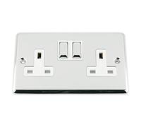 A5 Products Polished Mirror Chrome Classic (round edges) Dimmers, Switches, Sockets, with White Insert with Metal Rocker Switch (Double Socket)