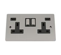 A5 Products USB Socket 2 Gang - Satin Matt Chrome - Flat (brushed steel) White/Black Insert with Plastic Rocker Switch (Black Metal)