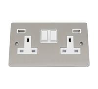 A5 Products USB Socket 2 Gang - Satin Matt Chrome - Flat (Brushed Steel) White/Black Insert with Plastic Rocker Switch (White)
