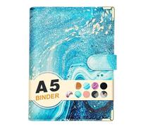 A5 Refillable 6 Ring Faux Leather Budget Binder,Mini Notebook Binder Cover for A5 Filler Paper,Loose Leaf Personal Planner Cover with Magnetic Buckle Closure(Marble Blue)