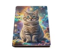 A5 Ring Binder Notebook with 90 Sheets, Elegant Leather PU Cover, Cat Sitting Inside Nebula Notebook Refillable Loose Leaf Planner for Notes, Journal, Office, Gift