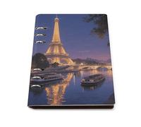 A5 Ring Binder Notebook with 90 Sheets, Elegant Leather PU Cover, Night View of The Eiffel Tower in Paris Notebook Refillable Loose Leaf Planner for Notes, Journal, Office, Gift