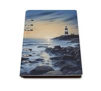 A5 Ring Binder Notebook with 90 Sheets, Elegant Leather PU Cover, The Seaside Lighthouse Notebook Refillable Loose Leaf Planner for Notes, Journal, Office, Gift
