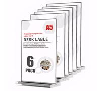 A5 Sign Holder,Vertical T-Shape Menu Leaflet Holder,Plastic A5 Acrylic Sign Holder,Clear Double-Side Perspex Display Stand for Table,Restaurant,Hotel,Bar,Office,Store,Exhibition (Clear, A5-6 Pack)