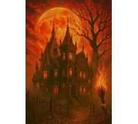 A5 Size (5.8 x 8.3) 100 page lined notebook - Haunted House with Fiery Flames across the Moonlight