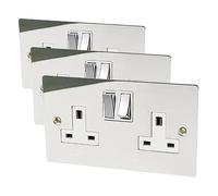 A5 SOC2GCFWC 2 Gang-Polished Chrome Flat-White Insert Metal Switch-13A Double Wall Plug Socket,White,Black (Pack of 3)