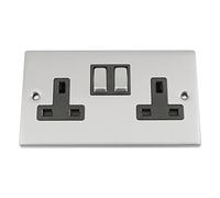 A5 Socket 2 Gang - Satin Matt Chrome Square - Black Insert - Metal Rocker Switch - 13 Amp Double Wall Plug Socket