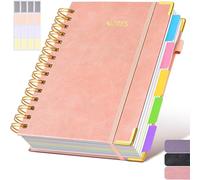 A5 Spiral Notebook with Dividers,300 Page Leather Hardcover Journal, 100GSM No-Bleed Paper,College Ruled 5 Subject Project Book Notepad for Work,School & Note Taking,Lined Note Pad for Women (Pink)