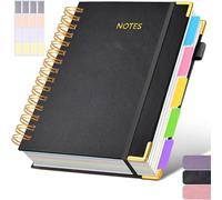 A5 Spiral Notebook with Dividers,300 Page Leather Hardcover Journal, 100GSM No-Bleed Paper,College Ruled 5 Subject Project Book Notepad for Work,School & Note Taking,Lined Note Pad for Women (Black)