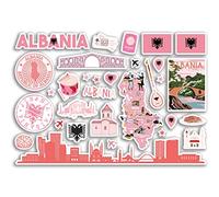A5 Sticker Sheet Albania Pink Landmarks Vinyl Stickers - Albanian Map Airport Stamp Skyline Flag Travel Holiday Country Aesthetic #80324