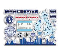 A5 Sticker Sheet Manchester Landmarks Vinyl Stickers - Blue Stamps Skyline Flag Map Travel Holiday City UK GB England Aesthetic #80567