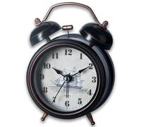 A5 Twin Bell Non-Ticking Silent Bedside Alarm Clock, Retro, Victorian Style, Metal Construction, Ø8cm, Analogue, Extra Loud, with Nightlight, for Bedroom Office Travel Elderly Children Girl (BLACK)