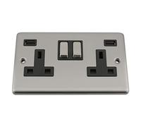 A5 USB Socket 2 Gang - Satin Matt Chrome Classic - Black Insert - Metal Rocker Switch