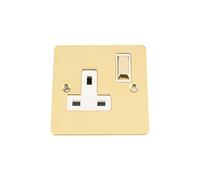A5 Wall Socket 1 Gang - Polished Mirror Brass Flat - White Insert - Metal Rocker Switch - 13A Single Plug Socket