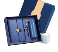 A6 Hardcover Notebook Set: Leather Diary Paired With Fountain Pen And Digital Display Thermos Flask, Ideal As A Gift Set For Colleagues And Friends. (Blue)