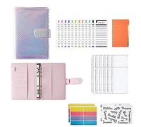 A6 PU Leather Notebook Binder with 12pcs Plastic Binder Pockets, 12pcs Budget Sheets and Sticker, Ring Binder Set, Ideal for Travel or Work, Bubble Pink
