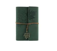 A6 Vintage Leather Journal, Refillable Journal Notepad with Blank Brown Paper and Retro Leaf Pendant, Travel Diary, Gifts for Men Women [Dark Green]