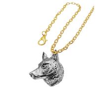A66 Wolf Head Pendant Necklace, Fine English Pewter on Gold Finish Plated Chain, 18"