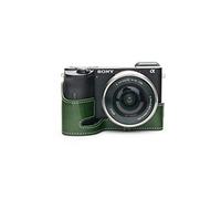A6600 Case, Zakao Handmade Genuine Real Leather Half Camera Case Bag Cover for Sony Alpha A6600 Bottom Opening Version With Hand Strap (Green)