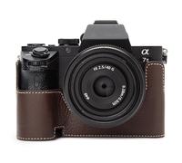 A7M2 Vintage Genuine Leather Camera Case, Half-Wrap Genuine Leather Camera Protector for Sony ILCE-7M2 (Coffee Brown-White line)