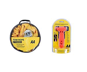 AA 4T Heavy Duty Tow Rope AA6226 - Yellow Strap-Style Towing Belt & AA Emergency Car Window/Glass Hammer Seatbelt Cutter Rescue Tool AA6240 - Essential For Quick Vehicle Escape