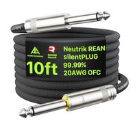 AA AUDIO ACCESSORY Silent Guitar Cable 3M, Neutrik REAN silentPLUG, Kevlar-Reinforced Nylon Braided, Auto Mute 20 AWG 99.99% OFC 1/4 Instrument Cable, Noiseless Shielded Amp Cord for Bass Guitar