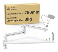 AA AUDIO ACCESSORY White Mic Arm Desk Mount (Design for Heavy Mic) 3KG Load Capacity, Stable Gear Lock No Sags, Metal Low Profile Microphone Boom Stand for Shure SM7B SM7dB MV7, Blue Yeti, Rode PodMic