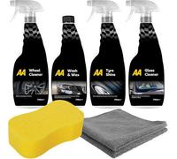 AA Car Essentials cleaning kit 4 x 750ml includes large Jumbo Sponge, 2 x Microfibre cloths, Wash Wax Shampoo, Alloy wheel cleaner, Tyreshine and Glass cleaner