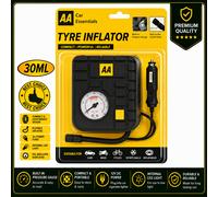AA Car Essentials 12V Compact Tyre Inflator AA5007 - For Cars Vans Motorbikes Vehicles Inflatables Bicycles - PSI BAR KPA 0-80 PSI - Includes Adaptors, Black